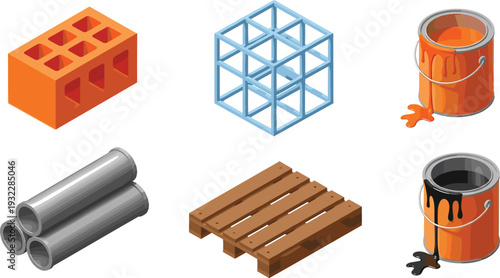 Vector isometric illustration of industrial construction materials including orange brick, metal pipes, wooden pallet, steel rebar frame, and open paint buckets with dripping liquid.
