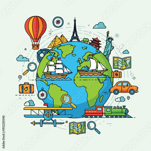 Colorful travel-themed illustration with globe, various vehicles, and landmarks