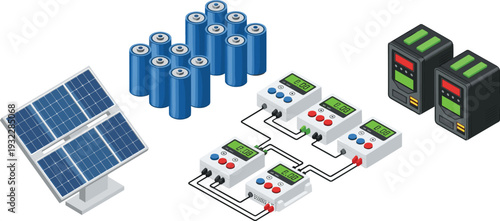 Vector isometric illustration of solar energy system components including photovoltaic panel, lithium battery storage pack, electric charge controller meters, and power inverter station equipment.