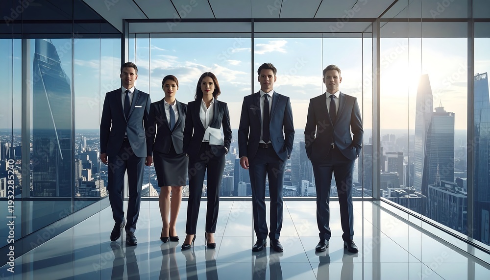 Fototapeta premium A diverse team of professionals in business attire strides confidently forward in front of a panoramic cityscape