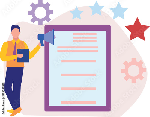 A boy is rating on document.