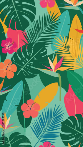 Colorful tropical leaf and flower pattern. A vibrant and summery design
