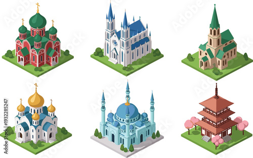 Vector isometric illustration set of religious buildings including Christian cathedral, Catholic church, Orthodox temple, Islamic mosque, and Japanese pagoda isolated on a white background.