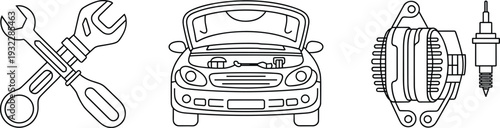 Automotive repair silhouettes, wrench screwdriver tools, car engine maintenance, alternator component