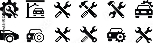 Car repair icons silhouette set, automotive maintenance tools, garage workshop service illustration, vehicle repair industry symbols, black and white vector art