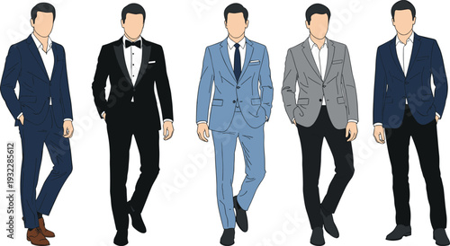 Men’s fashion illustration, formal and semi-formal attire, suits and blazers styles, business casual clothing, tuxedo outfit design vector, flavector