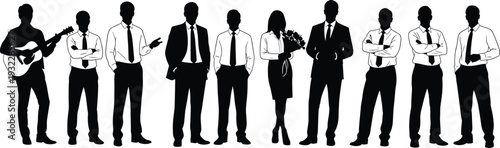 Vector silhouette collection of professional business people in suits and ties including a male guitar player standing isolated on a plain white background