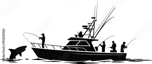 Fishing boat silhouette with anglers reeling big fish, deep sea sport fishing adventure illustration, maritime vessel equipment, black and white vector art