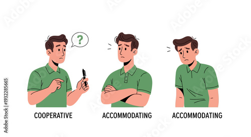 Man displaying cooperative and accommodating body language in green shirt