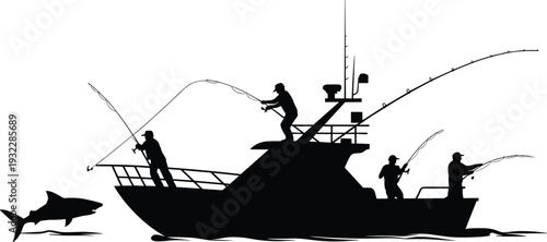 Fishing boat silhouette with anglers, shark in water, deep sea adventure illustration, maritime equipment vessel, black and white vector art