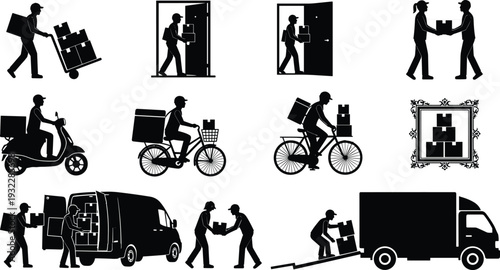Vector silhouette collection of delivery service icons featuring couriers, shipping trucks, freight vans, scooters, bicycles, movers carrying cardboard boxes, 