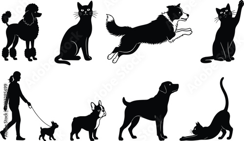 Pet silhouettes illustration, cats, dogs, person walking dog, domestic animals, playful poses, vector design, black white art, creative collection, flavector