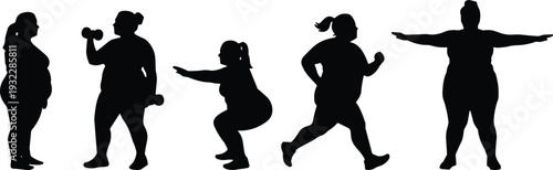 Fitness silhouettes collection, diverse body types exercising, dumbbell lifting, squats, running, stretching arms illustration, health activity vector art design