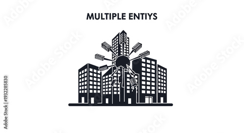 Title: Multiple entity business structure illustration showing company branches, subsidiaries management, corporate network organization and enterprise structure diagram concept