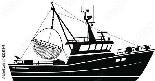 Commercial fishing boat silhouette with net, radar antennas, maritime industry vessel illustration, black and white vector, seafood harvesting equipment