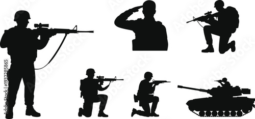 Military silhouettes soldiers with rifles, saluting, kneeling, crouching combat poses, tank illustration vector art, defense army equipment, black and white design