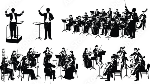 Vector silhouette illustration set of classical symphony orchestra musicians playing violin, cello, and flute with music conductors leading a professional philharmonic ensemble stage performance.
