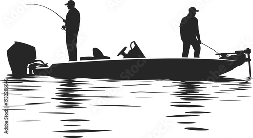 Motorboat silhouette with anglers fishing, outboard motor, trolling motor, peaceful water reflection scene, recreational fishing adventure, black and white vector art