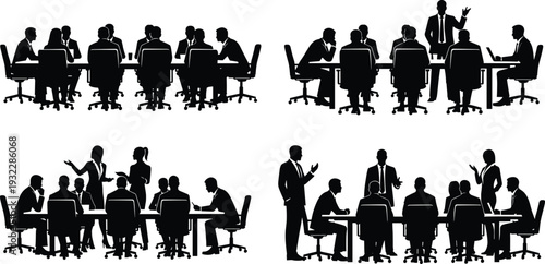 Vector silhouette illustration set of professional business people in corporate office boardroom meetings, executive group discussions, team 