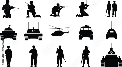 Military silhouettes soldiers with rifles, tanks, helicopter, armored vehicles illustration, combat poses vector art, defense army equipment, black and white design