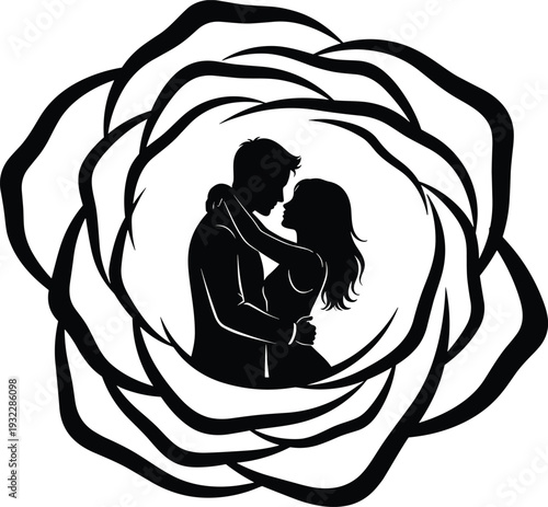 Romantic couple silhouette, embracing love, rose flower frame, passion art, intimacy illustration, floral romance design, affectionate embrace, artistic symbol - flavector
