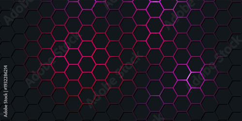 Dark purple technology hexagonal vector background. Pink bright energy flashes under hexagon in dark technology modern futuristic background vector illustration. Dark violet honeycomb texture grid.