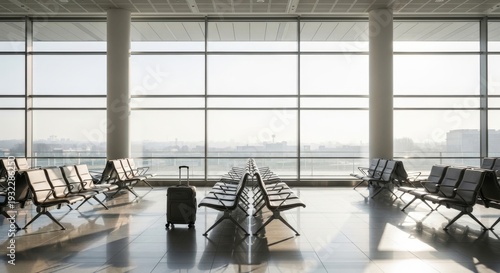Empty airport waiting area with luggage by large window