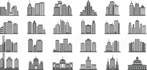 Silhouette building icons collection, skyscrapers, office towers, government domes, apartment blocks illustration, urban architecture vector art, black and white design