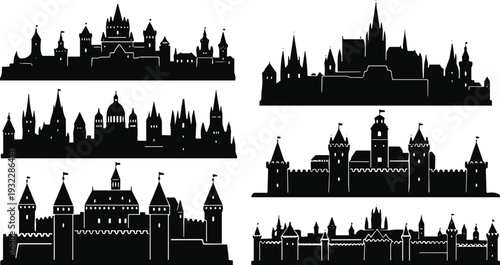 Silhouette castle illustrations with towers, turrets, battlements, flags, medieval and fantasy architecture collection of six creative historic design figures