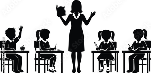 Teacher instructing students classroom silhouette, education learning scene, teacher with book, student raising hand, school desk apple, flavector