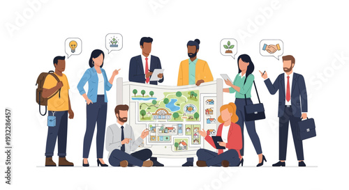 Diverse team brainstorming with big map and ideas