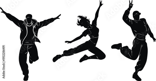 Silhouette dancers jumping in mid‑air, expressive hip hop and street dance poses, energetic urban movement collection of three artistic figures
