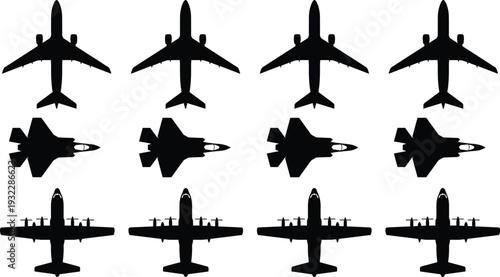 Airplane Silhouette Collection Featuring Commercial Jet Fighter and Cargo Aircraft Top View, Black Aviation Vector Set