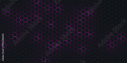 Dark purple technology hexagonal vector background. Pink bright energy flashes under hexagon in dark technology modern futuristic background vector illustration. Dark violet honeycomb texture grid.