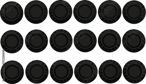 Black Tire Top View Collection, Detailed Off Road Wheel Silhouette Vector Set Isolated on White Background