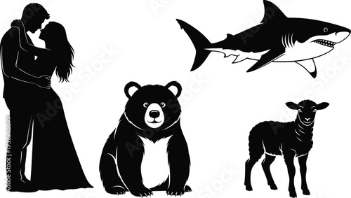 Black Silhouette Collection with Romantic Couple Bear Shark and Lamb Animal Shapes for Tattoo Logo Emblem and Decorative Design.