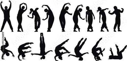Silhouette human figures performing expressive dance, acrobatic, and motion poses, artistic collection of diverse dynamic gestures showcasing physical movement styles