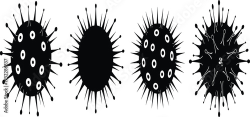 Black Virus Silhouette Set with Abstract Microbe Germ Pathogen Shapes for Medical Infection Warning Microbiology and Healthcare Design.