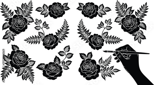 Hand Drawn Rose Flower Illustration Set with Leaves and Artist Hand, Black Silhouette Floral Vector Collection Isolated on White