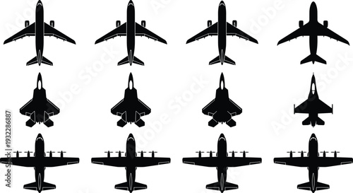 Aircraft Silhouette Set with Commercial Airliner Fighter Jet and Cargo Plane Top View Aviation Vector Collection