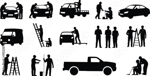 Silhouette people with cars, vans, pickup trucks, ladders, teamwork, manual labor, maintenance, everyday activity illustration, black and white vector art