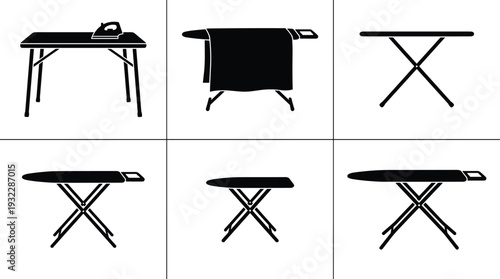 Ironing Board Silhouette Set with Different Positions and Iron Appliance, Household Laundry Equipment Vector Icons Collection