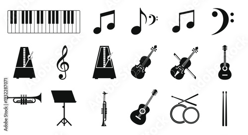 Collection of various musical instruments and notes on for design use, Generative AI.
