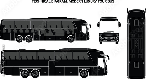Technical Diagram of Modern Luxury Tour Bus with Side Front and Top Views, Detailed Passenger Coach Vector Blueprint Illustration