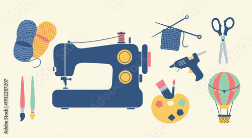 Colorful illustration of various art and craft supplies including a sewing machine yarn scissors and paintbrushes on a pale yellow background, Generative AI.
