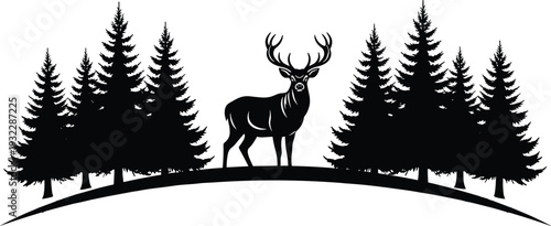 Deer Silhouette in Pine Forest Landscape Scene, Black Wildlife Nature Vector Illustration Isolated on White Background