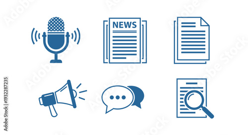 A set of blue line icons representing news and media symbols, Generative AI.