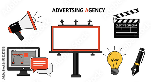 Advertising agency concept with billboard megaphone clapperboard computer light bulb and pen, Generative AI.