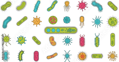 Colorful Bacteria and Virus Microorganism Collection with Germ Cell Microbe Pathogen and Microscopic Biology Elements for Medical Science and Education Design.
