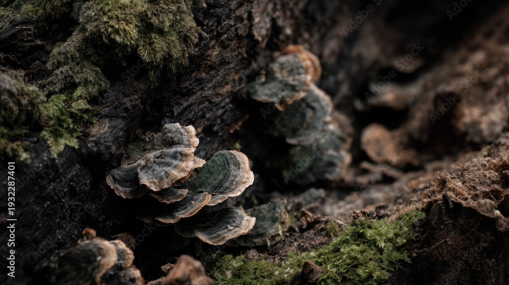 Obraz premium Close-up of vibrant shelf fungi growing on decaying wood surrounded by lush green moss in a tranquil forest setting, showcasing nature's beauty